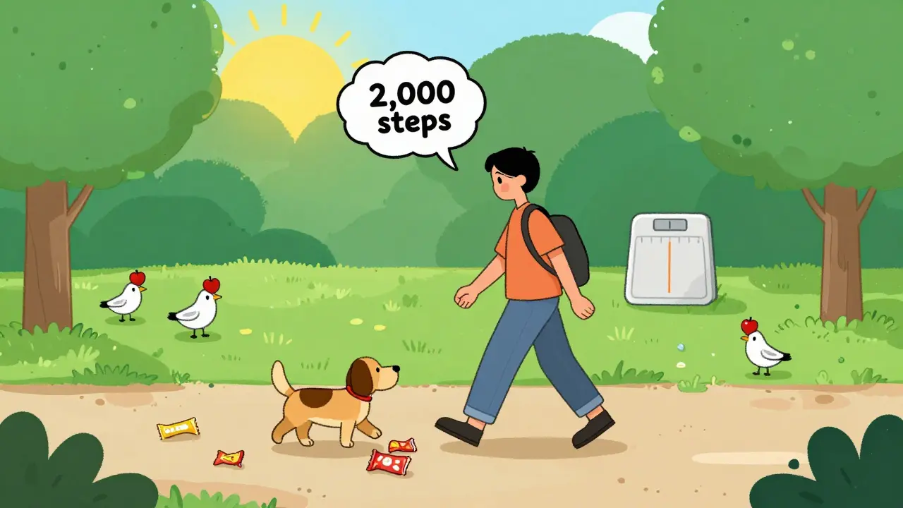 Person walking with a dog on Saturday morning, stepping over snack wrappers, sun rising in the background.