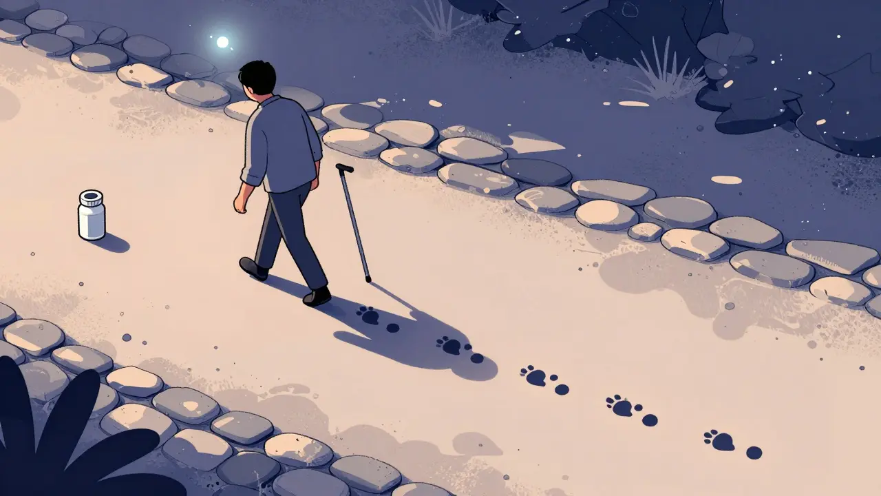 Person walking with stooped posture and reduced arm swing, trailing smaller footprints, with a dim dopamine molecule above.