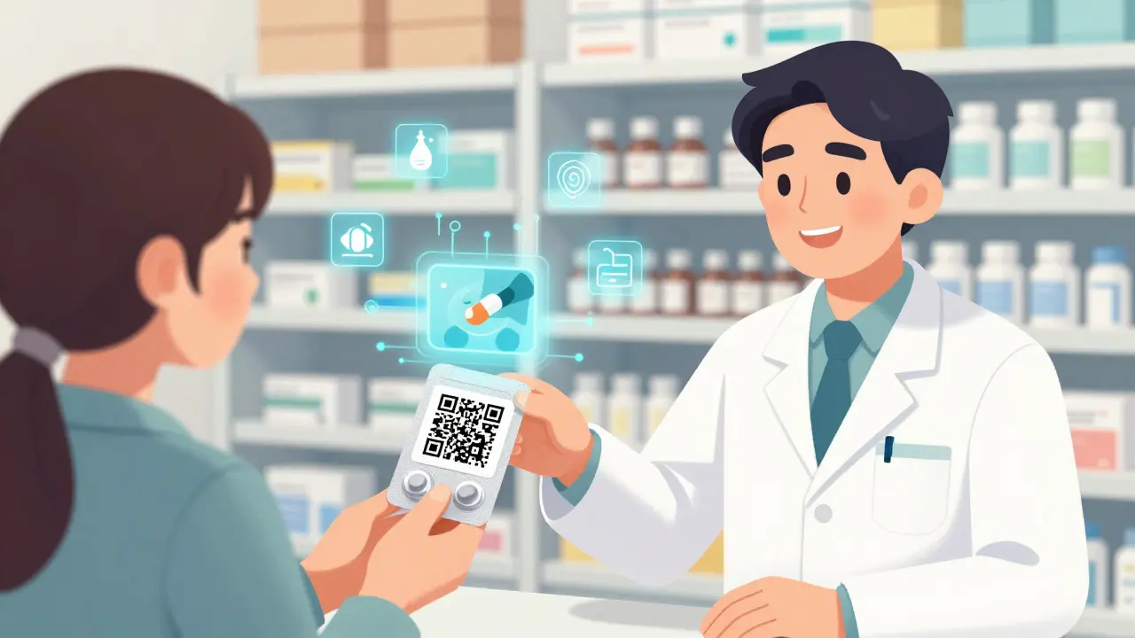 Pharmacist giving a patient a smart blister pack with a glowing QR code that shows a video of medication use.