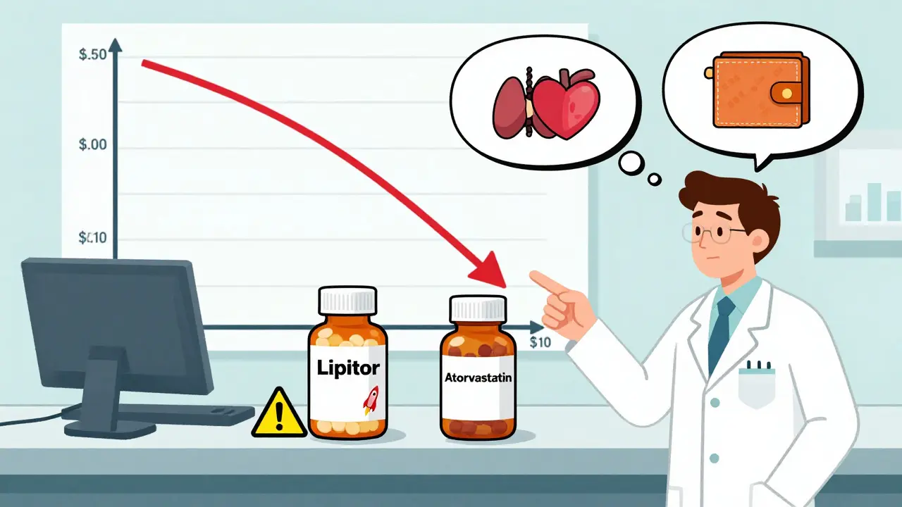 Pharmacist showing two pill bottles, one expensive brand, one cheap generic, with a falling price graph.