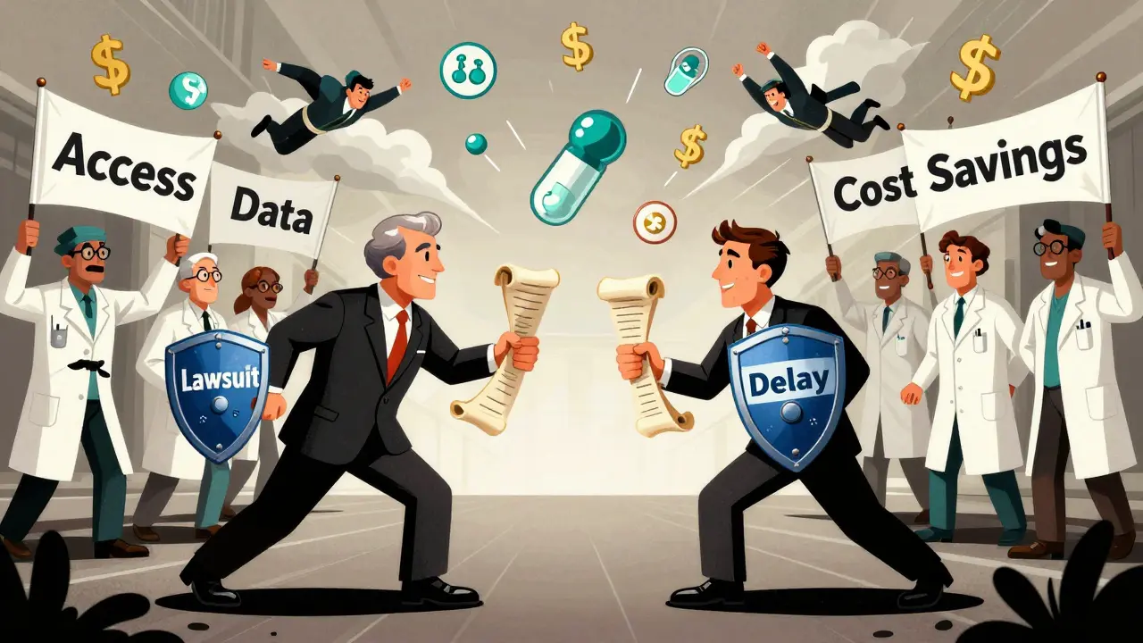 Scientists and patients fighting patent lawyers with biosimilar superheroes in a symbolic battle.