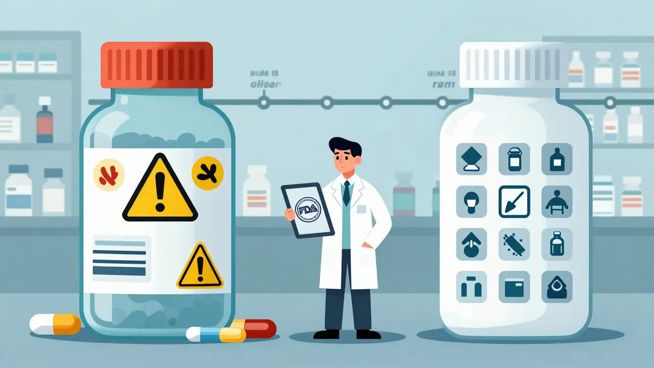 Side-by-side comparison of a cluttered medicine bottle versus a standardized one with only 12 clear icons.