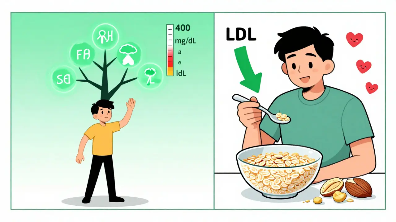 Split illustration of genetic high cholesterol vs. lifestyle improvement through diet.