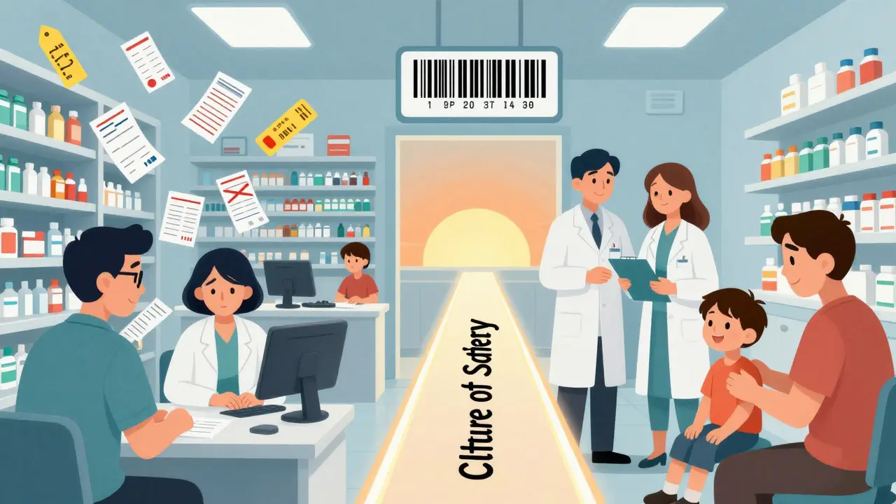 Split scene: chaotic pharmacy vs. organized safety system with double-checks and color-coded meds, leading to a smiling child and parent.