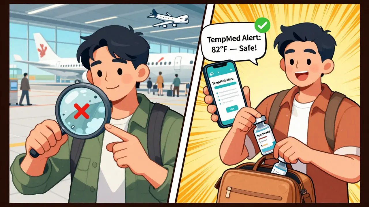 Split scene: left shows cloudy, discarded insulin; right shows fresh vial and phone alert confirming safe temperature during travel.