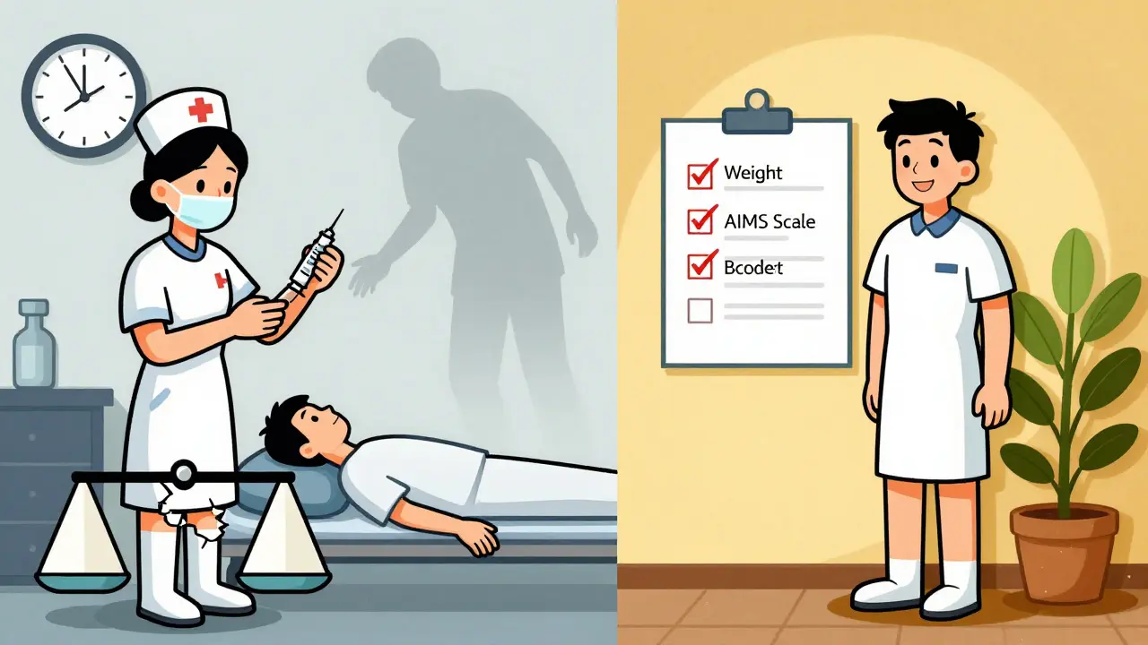 Split scene: neglected injection risks vs. proper monitoring with health checks.