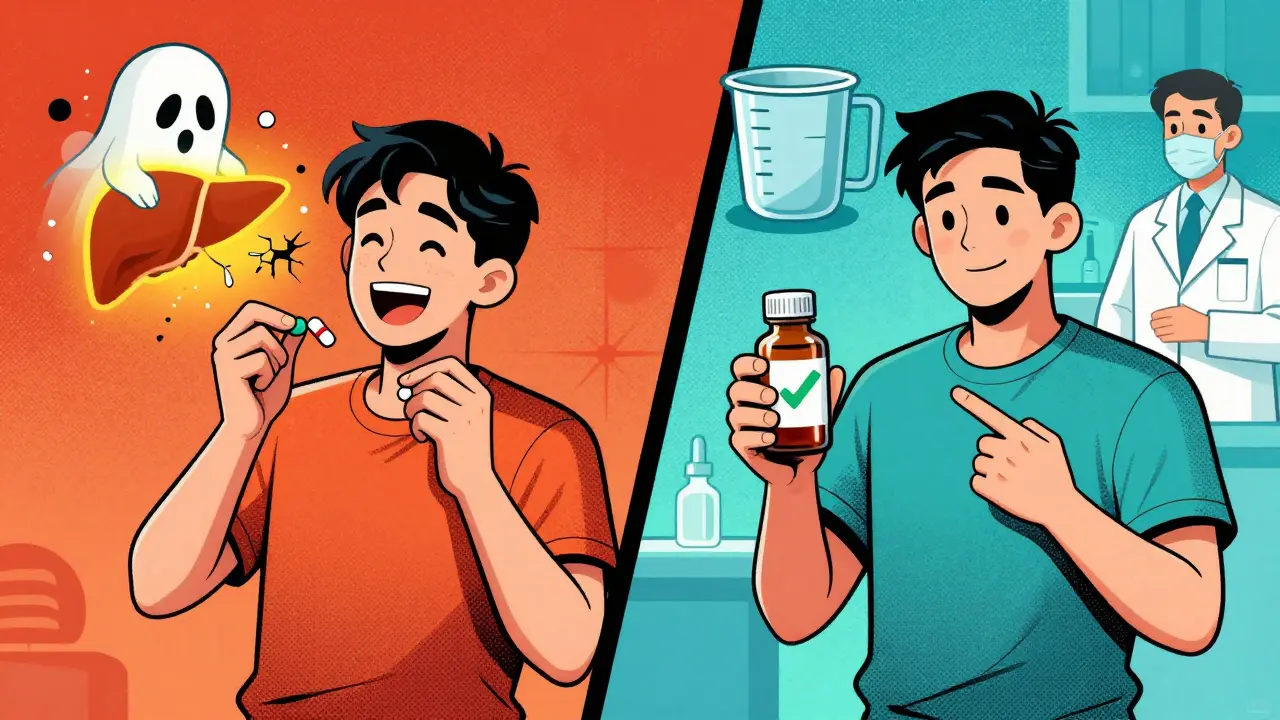 Split scene: one side shows liver damage from double-dosing, the other shows safe use with pharmacist guidance.
