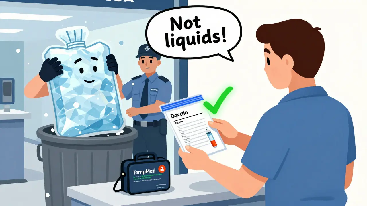 Traveler at TSA checkpoint presenting doctor’s note and smart insulin case, while ice pack is discarded, green checkmark glows above safe device.