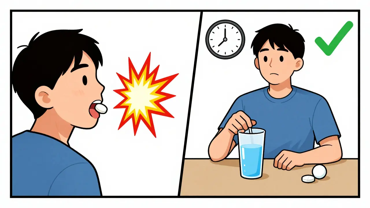 Two scenes showing antibiotic interaction with antacid: one with warning sparks, one with safe spacing and clock.