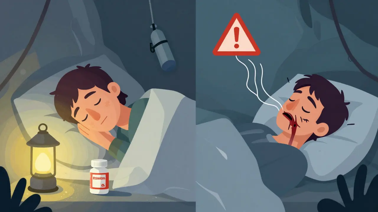Two sleeping climbers: one safe with melatonin, another in danger from sedatives, shown in contrasting scenes.