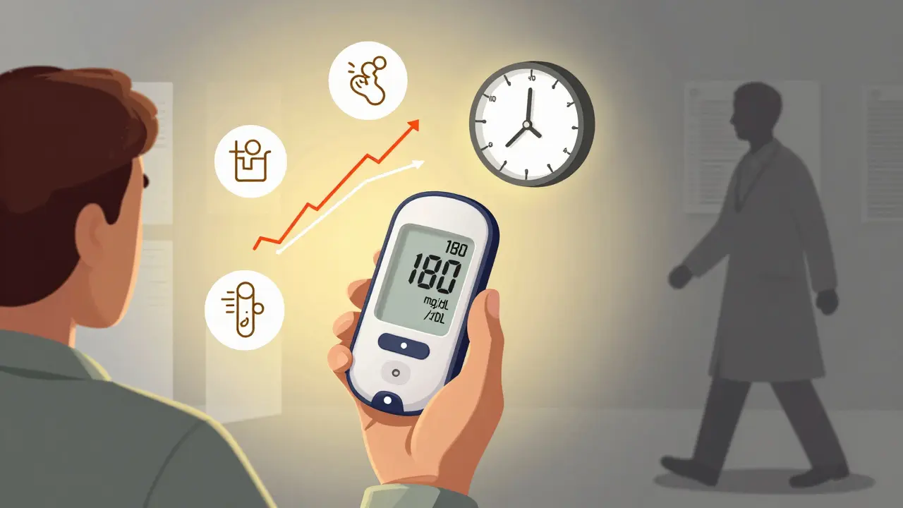 A patient checking blood sugar with a rising graph, while a doctor walks away unnoticed, highlighting missed monitoring.