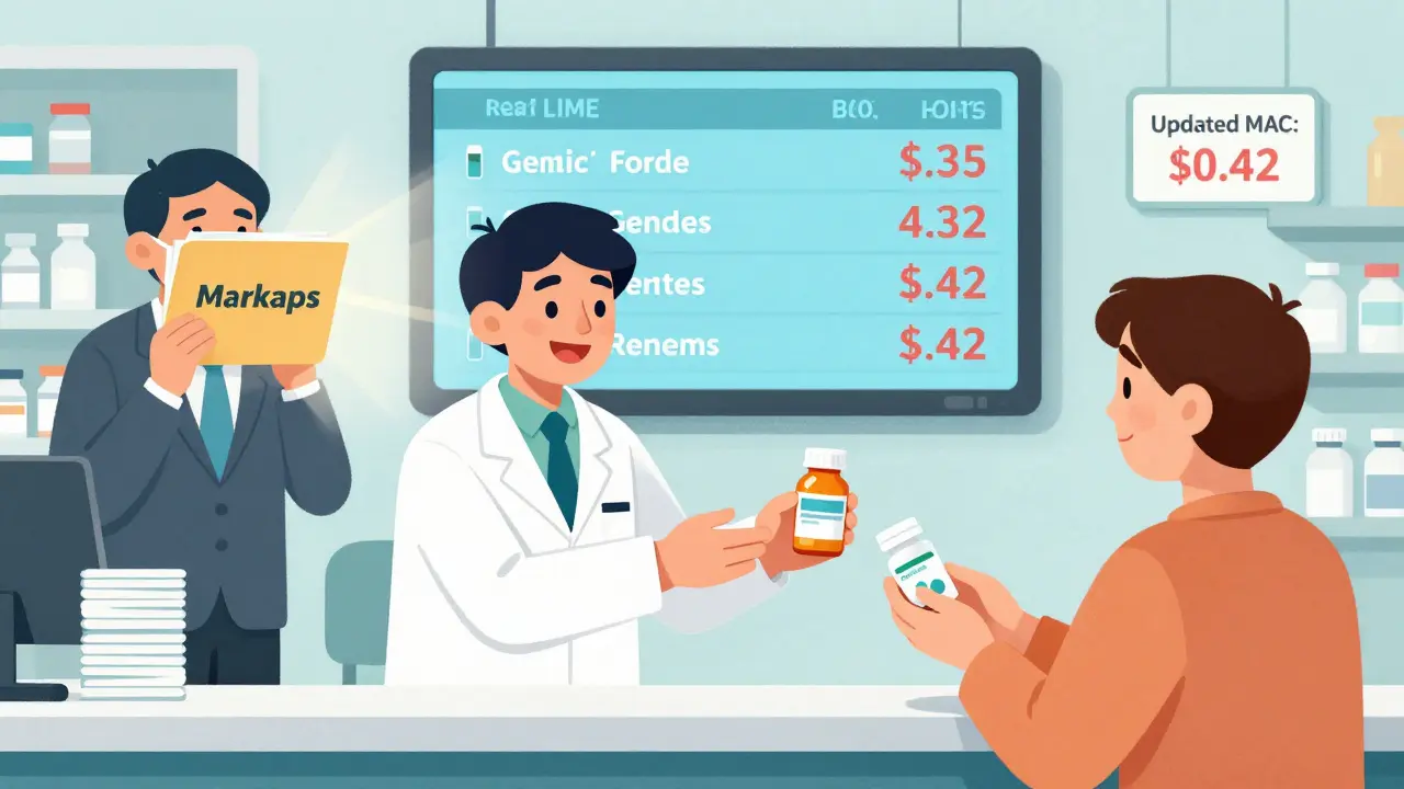 A pharmacist giving a generic prescription while a PBM hides markups, with a real-time price display showing a low MAC.