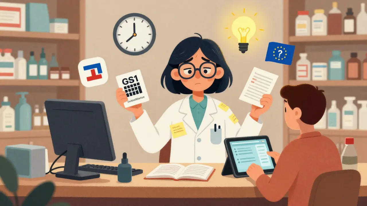 A pharmacist in Spain struggles with cross-border prescriptions, juggling scanning, translation, and digital checks, surrounded by icons of common obstacles.