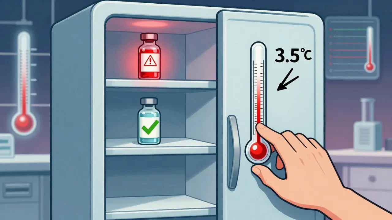 A pharmacy fridge with three shelves showing temperature differences, a swinging thermometer, and floating data graphs.