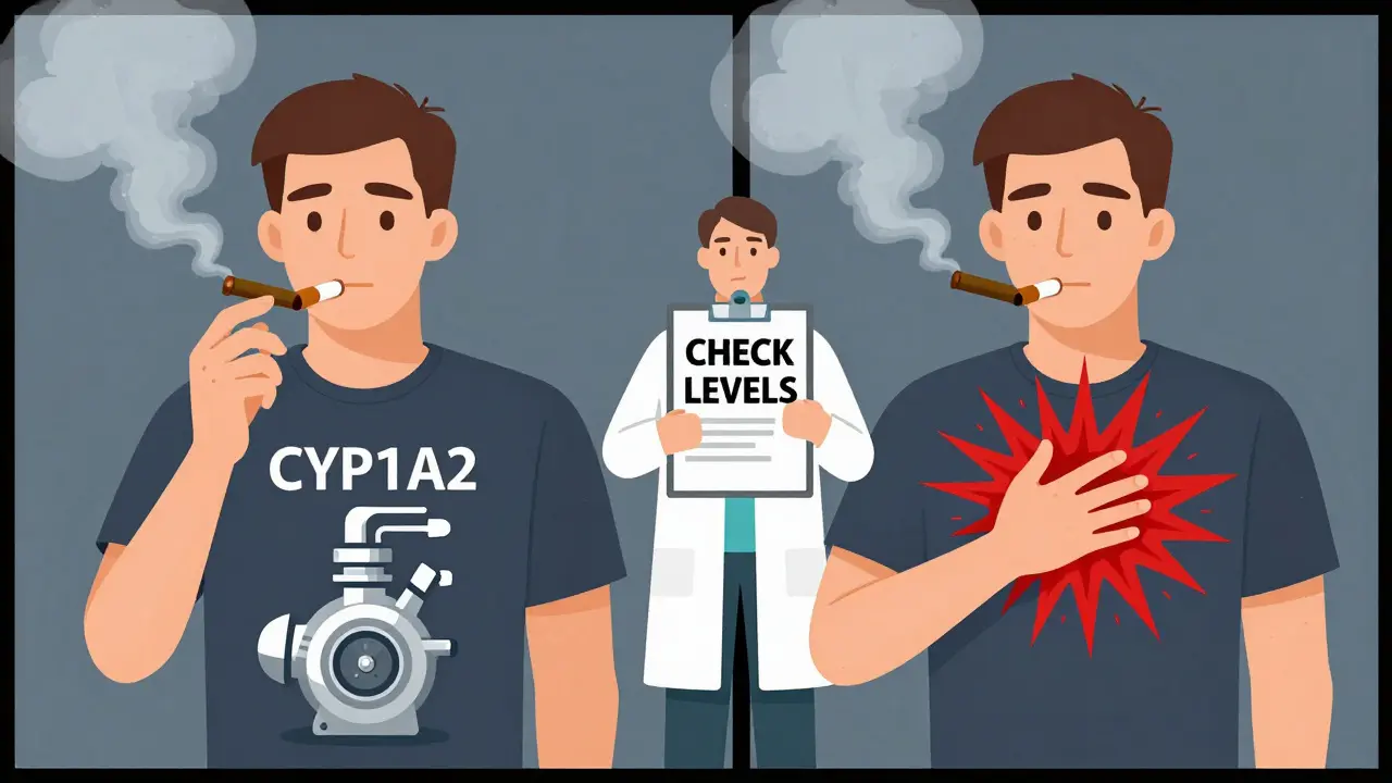 A smoker before and after quitting, showing how theophylline clearance changes dramatically.