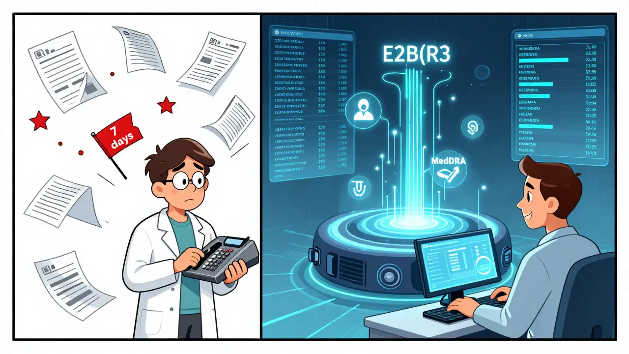 Chaotic paper reports on one side, clean digital data streams on the other, with E2B(R3) and MedDRA icons guiding the flow.