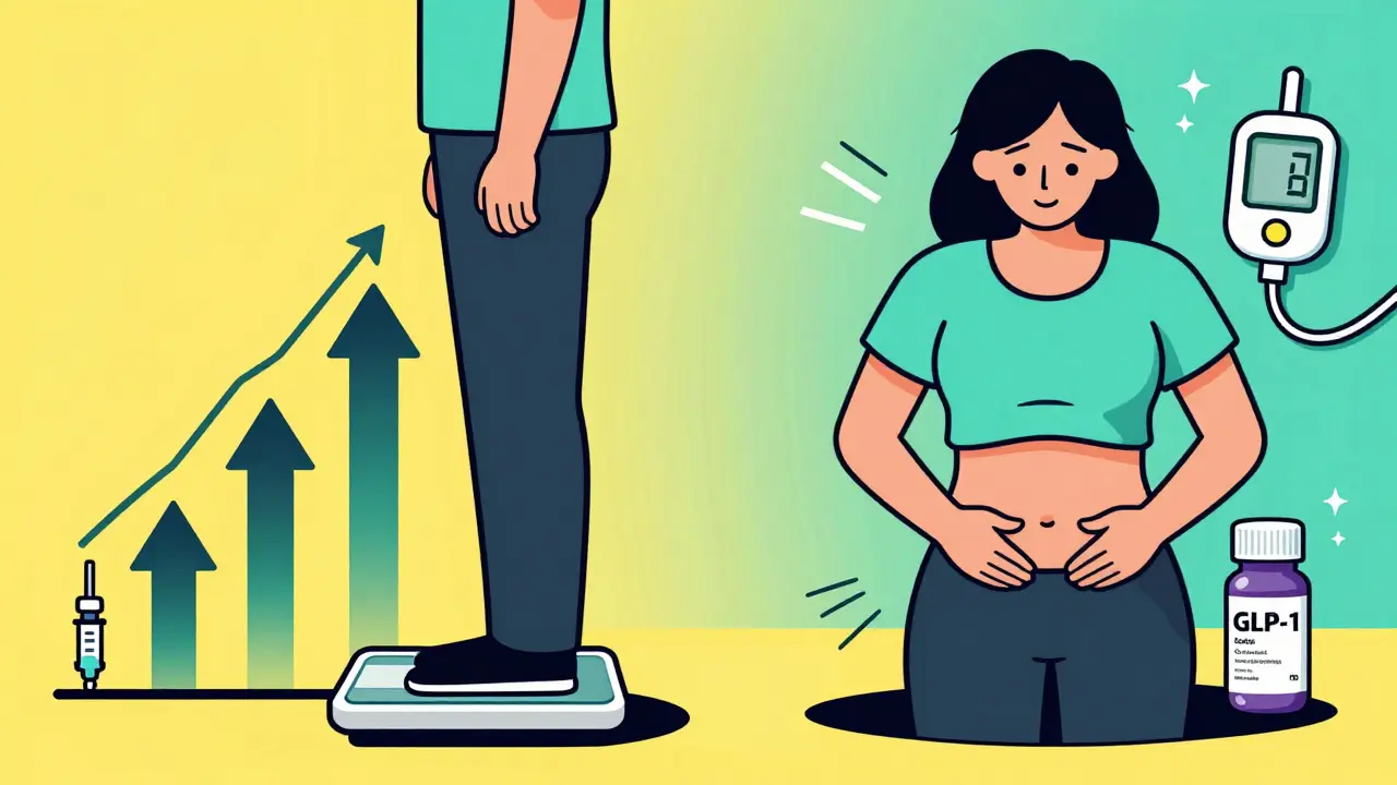 Contrasting weight gain from insulin and weight loss from GLP-1 drug with glucose monitor in background