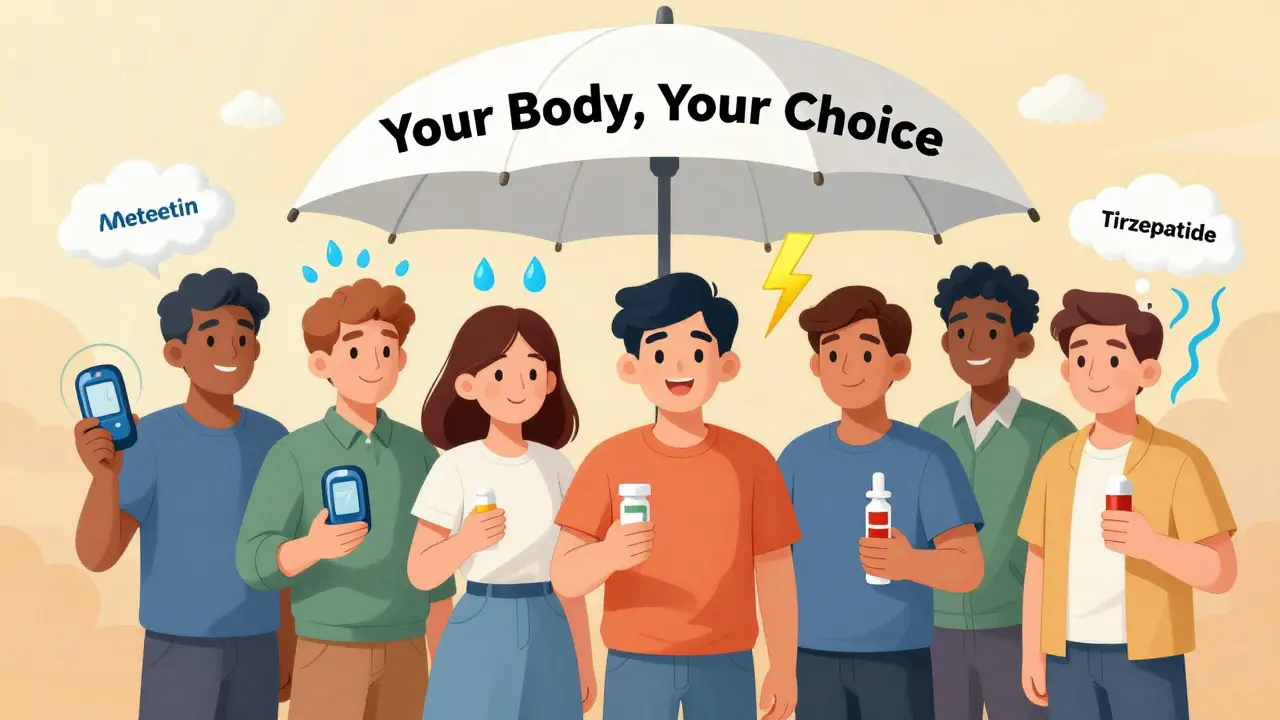 Diverse group of people with different diabetes meds and their side effect halos under a choice umbrella