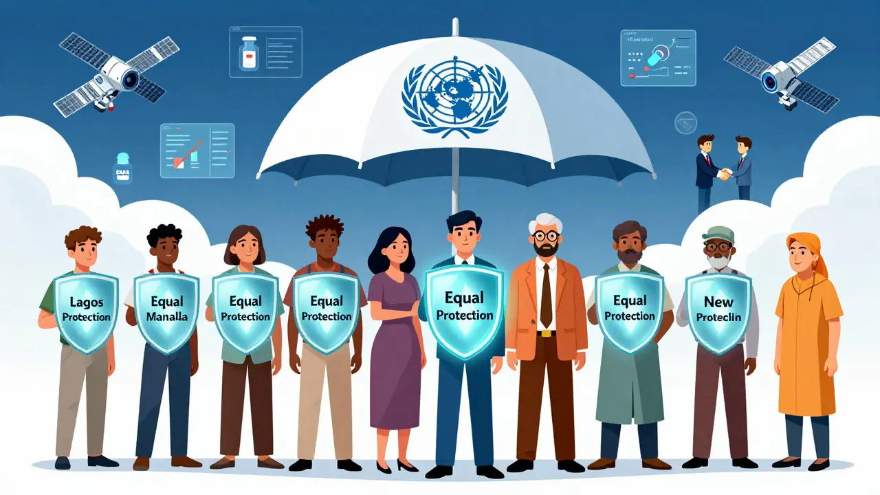 Diverse patients holding safety shields under a WHO umbrella, with AI satellites scanning for drug risks above.