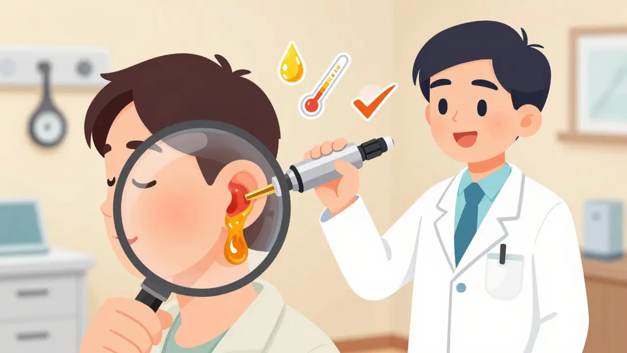 Doctor using microsuction tool to remove earwax while patient smiles in relief