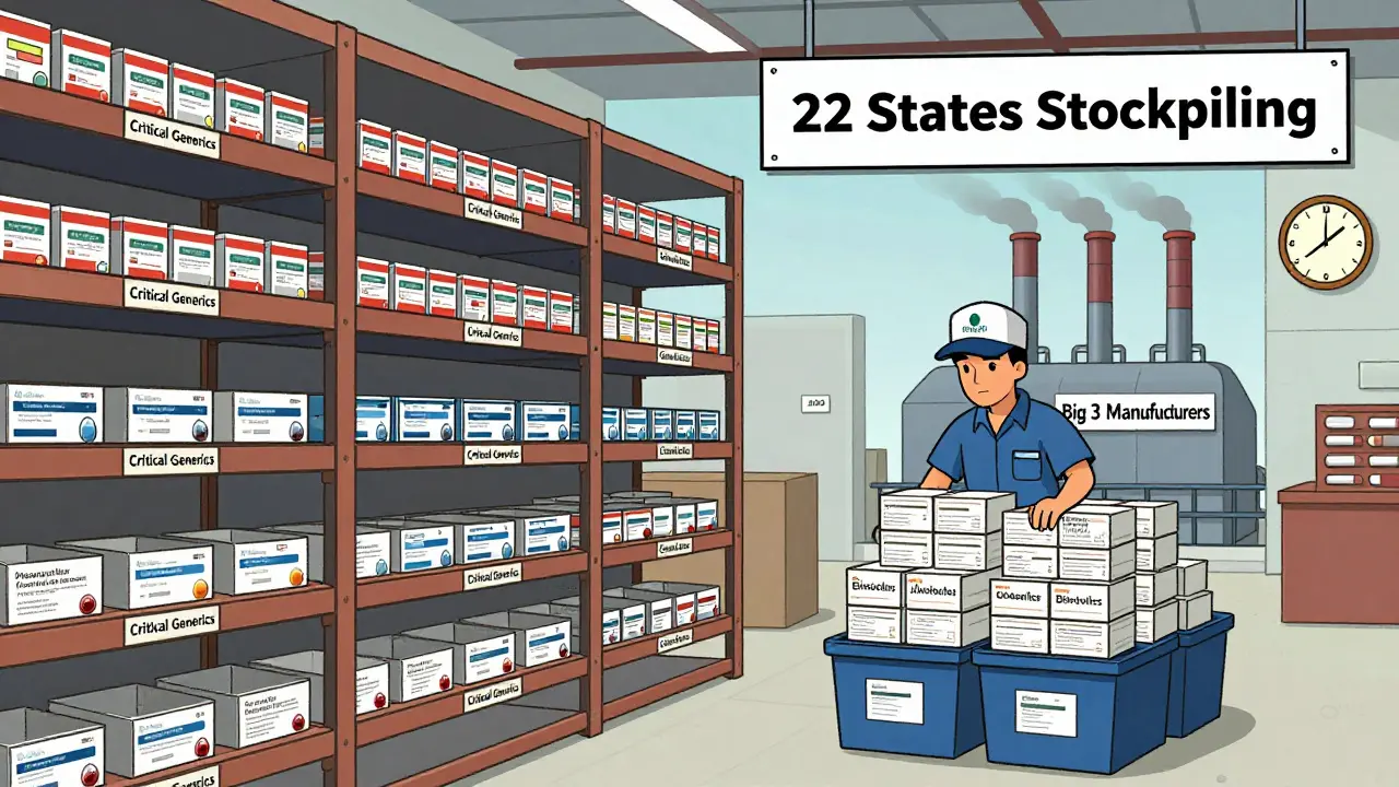 Half-empty shelves of critical generic drugs with state workers building emergency stockpiles as three factories produce most supply.