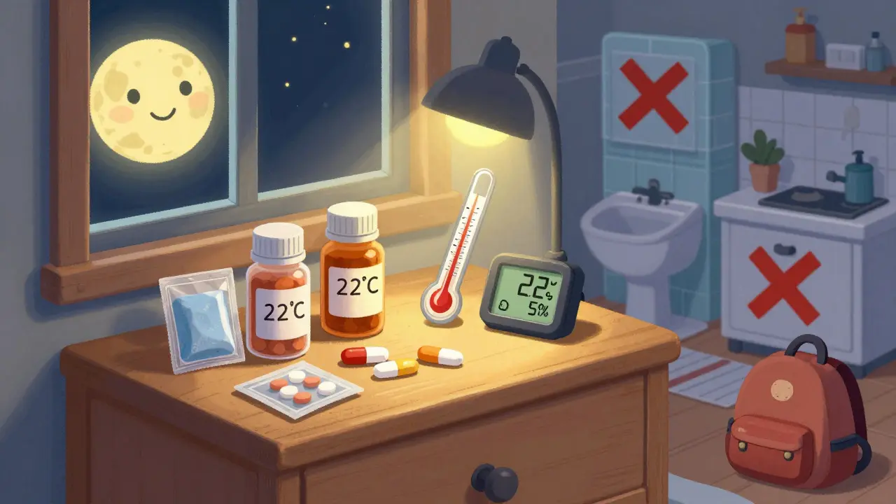 Medications safely stored in a cool, dry bedroom drawer with humidity and temperature gauges showing ideal levels.