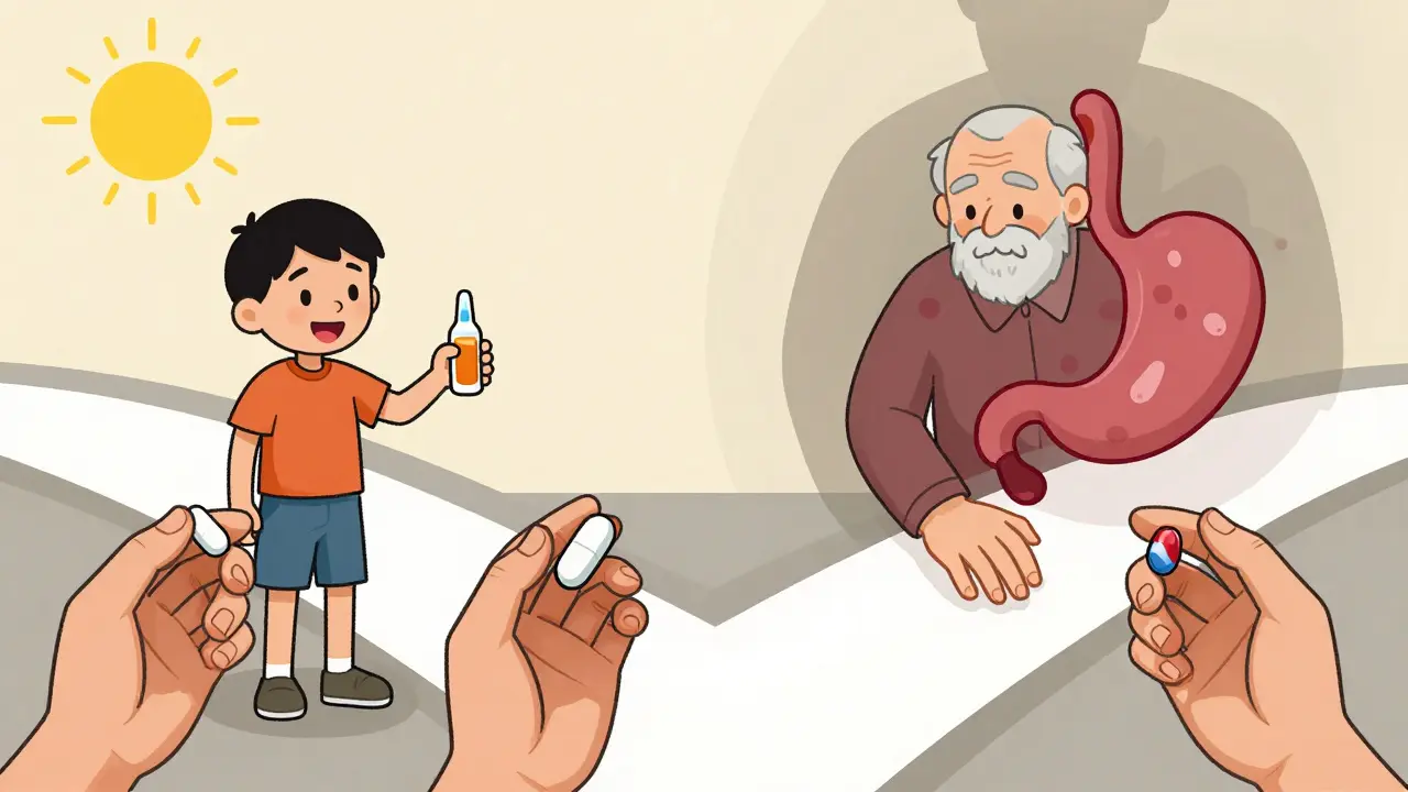 Person at a crossroads choosing between acetaminophen for a child and NSAID for arthritis, with symbolic health risks in the background.