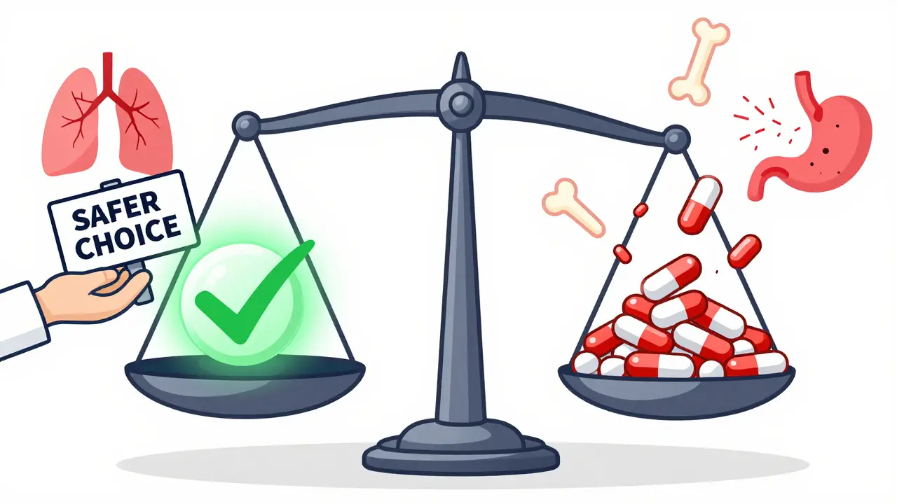 Scale comparing safe acetaminophen pill to dangerous pile of NSAIDs, with medical icons showing harm.