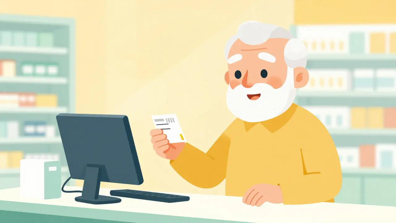 Senior at pharmacy receiving discounted prescription with geometric price tag. Uplifting mood.