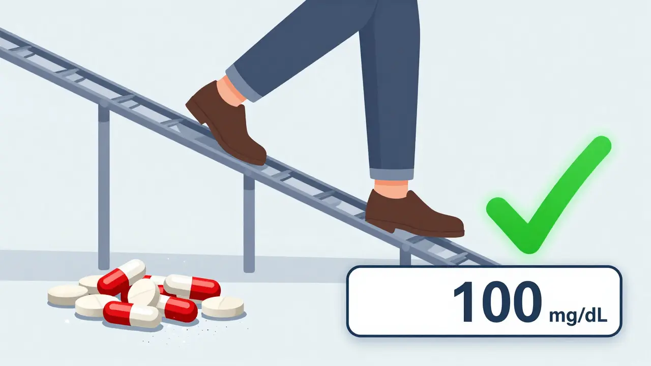 Someone recovering from steroids as glucose levels drop and unused diabetes pills crumble, with a green checkmark for normal blood sugar.
