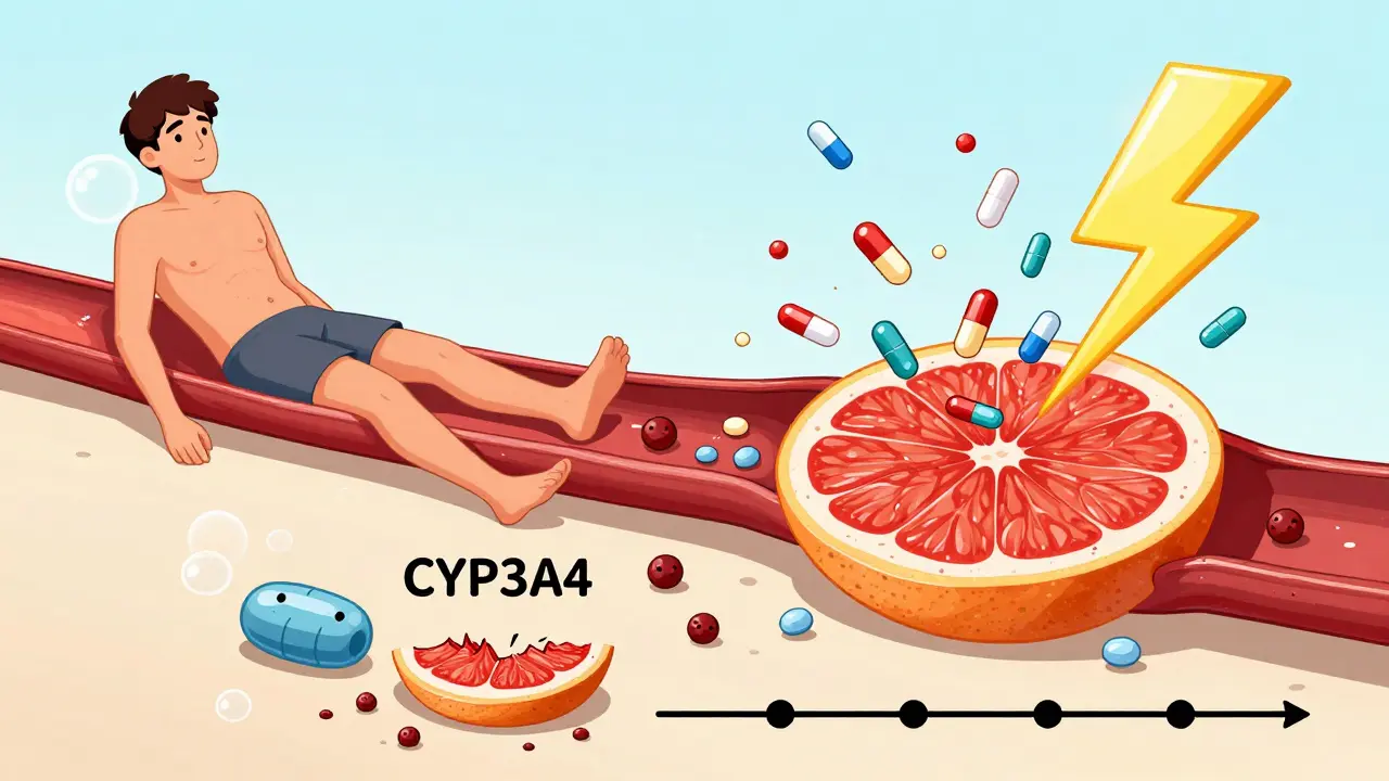 Split illustration: normal blood vessel vs. overexpanded vessel flooded with excess medication due to grapefruit interaction.