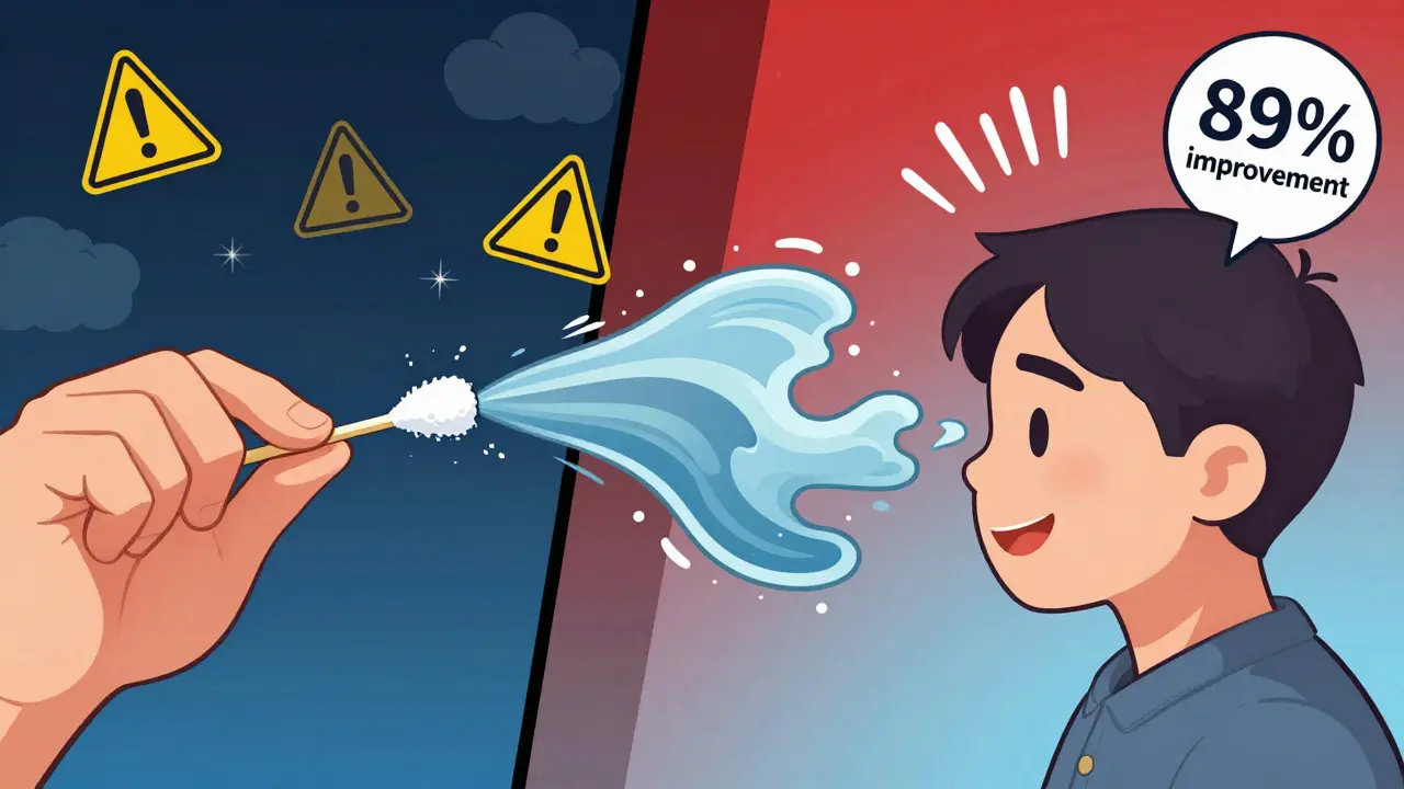 Split image: left shows cotton swab pushing wax deeper, right shows clear ear with sound waves and improvement icon