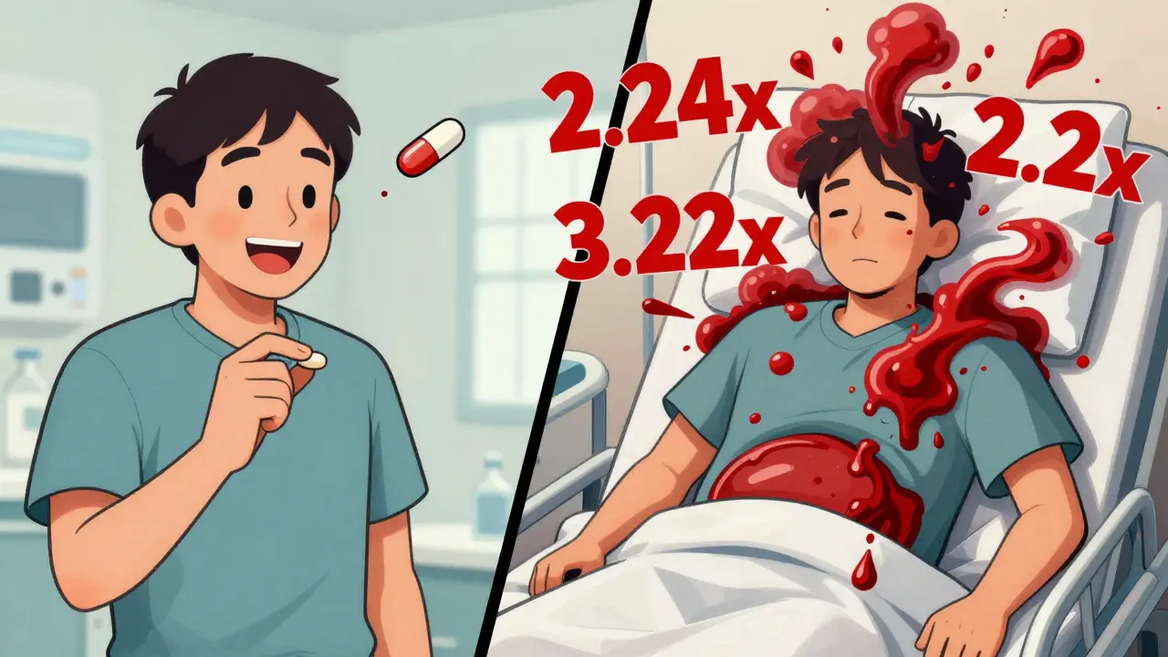 Split scene: patient taking NSAID and blood thinner vs. same patient bleeding violently in emergency room.