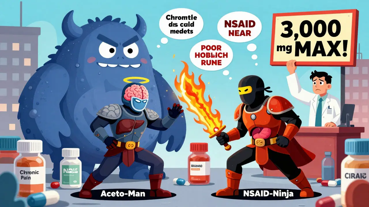 Superhero duo fighting chronic pain in a pill bottle city, with a pharmacist warning about safe dosages in comic-style bubbles.