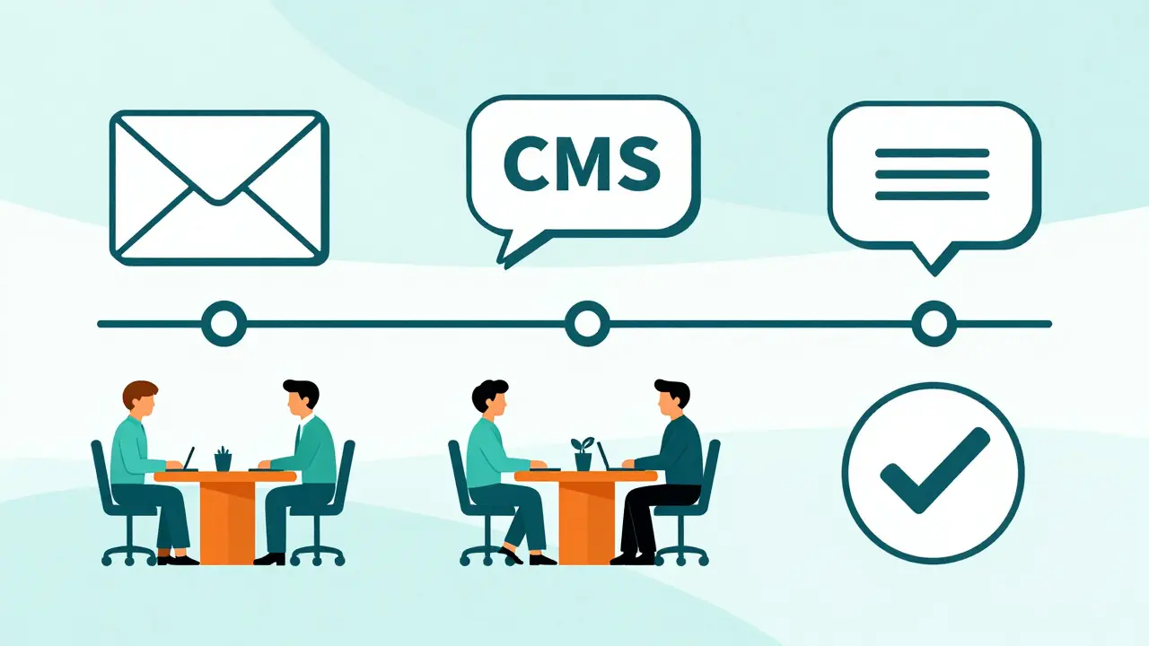Timeline of negotiation steps with geometric icons: mail, speech bubble, meeting, checkmark. Clean lines.