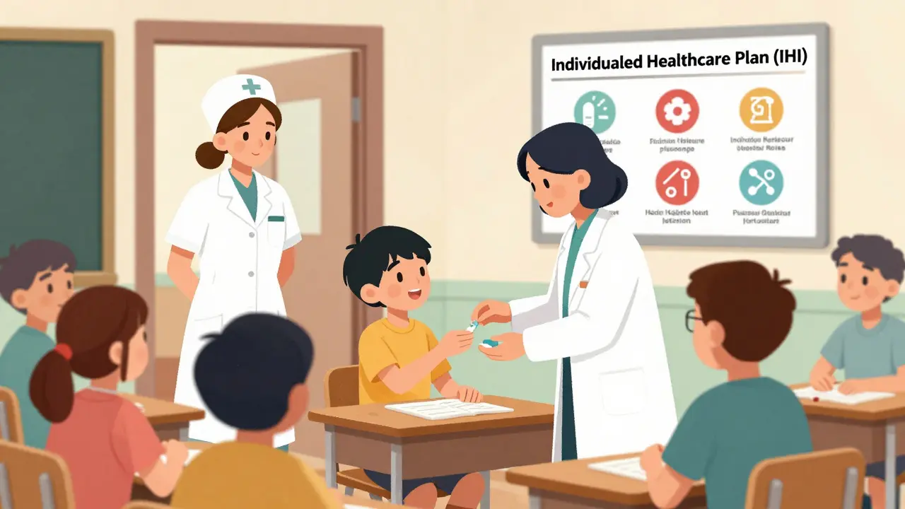 Trained staff giving medication to a student while nurse observes, IHP poster visible on wall.