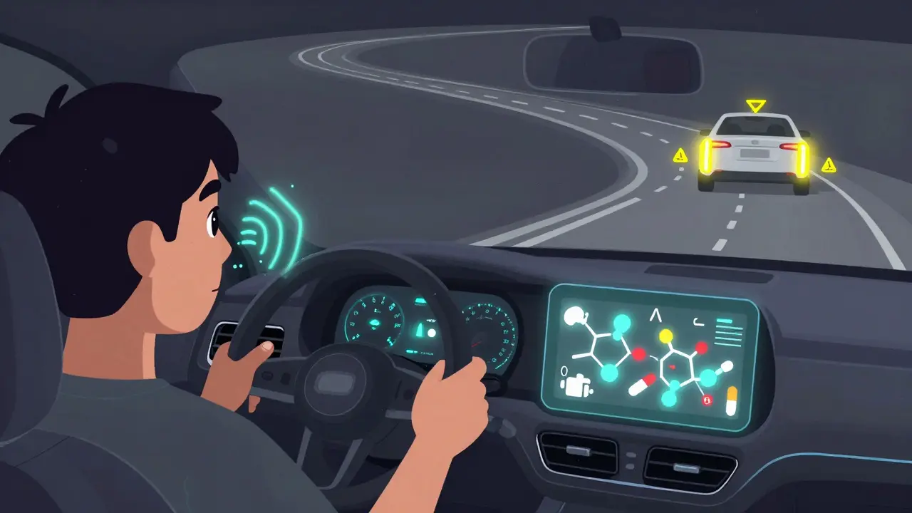 A futuristic car dashboard with sensors detecting driver impairment, warning symbols glowing as the vehicle slows.