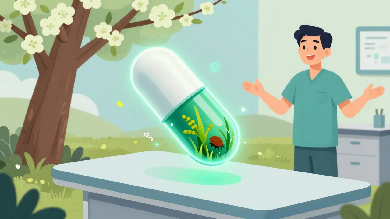 A futuristic multi-allergen tablet merging grass, ragweed, and dust mite particles into one.