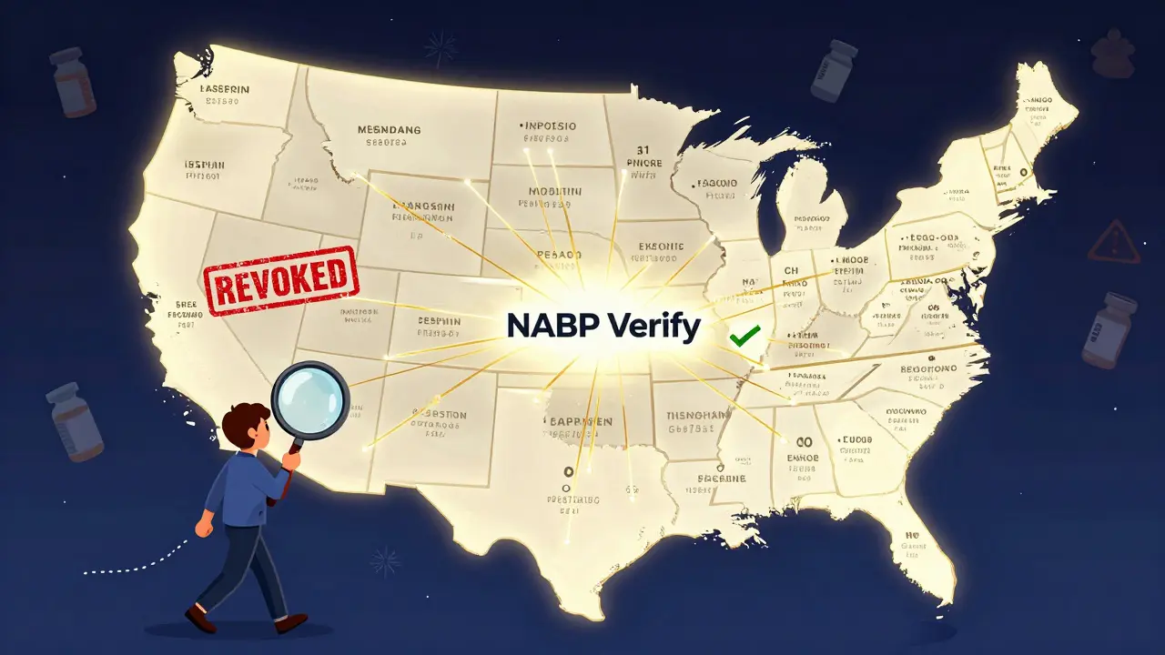 A map of the U.S. showing NABP Verify connecting licensed pharmacies across 41 states.