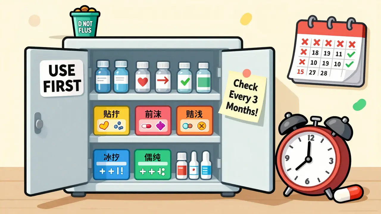 A neatly organized medicine cabinet with items sorted by expiration date and color-coded labels.
