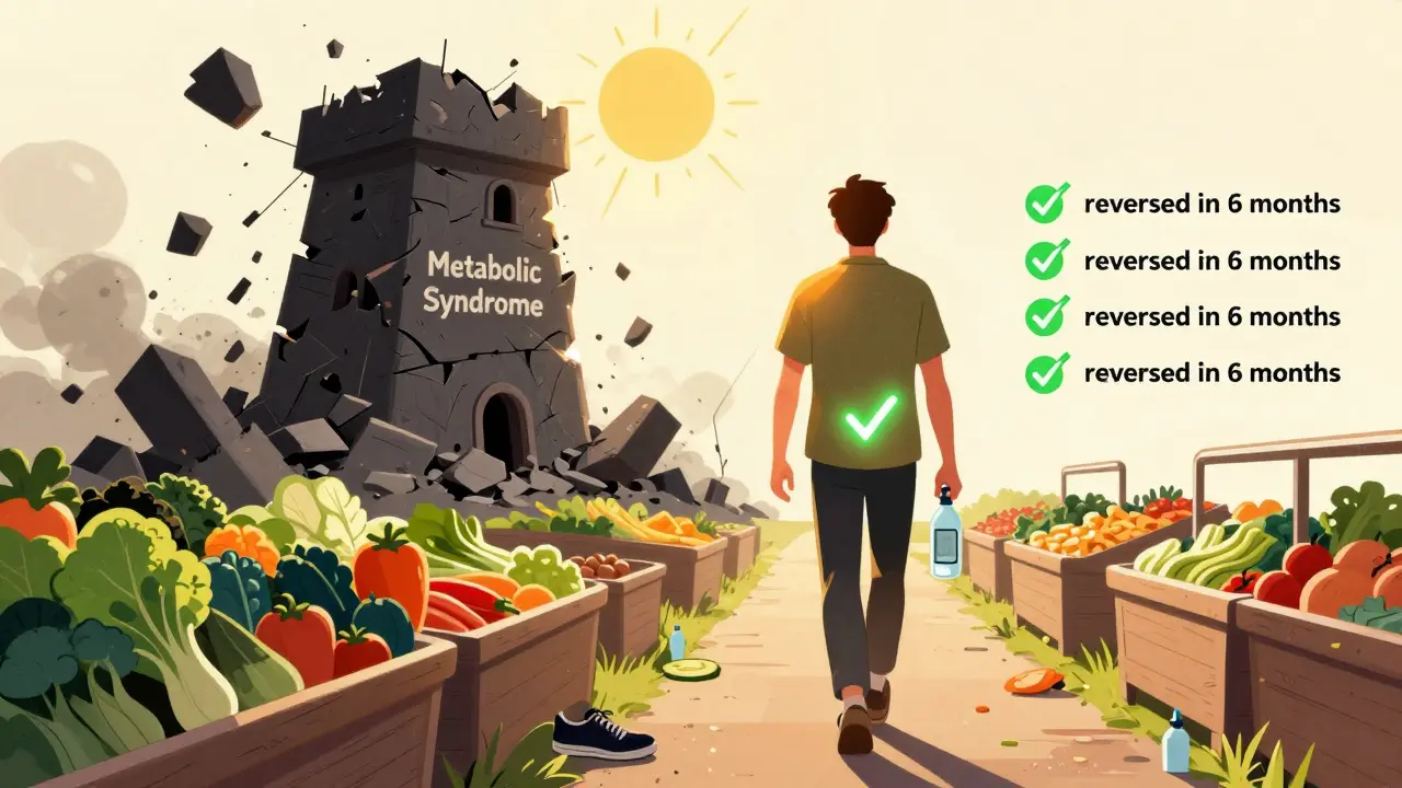 A person walking away from junk food toward healthy choices, as a crumbling tower labeled 'Metabolic Syndrome' collapses behind them.