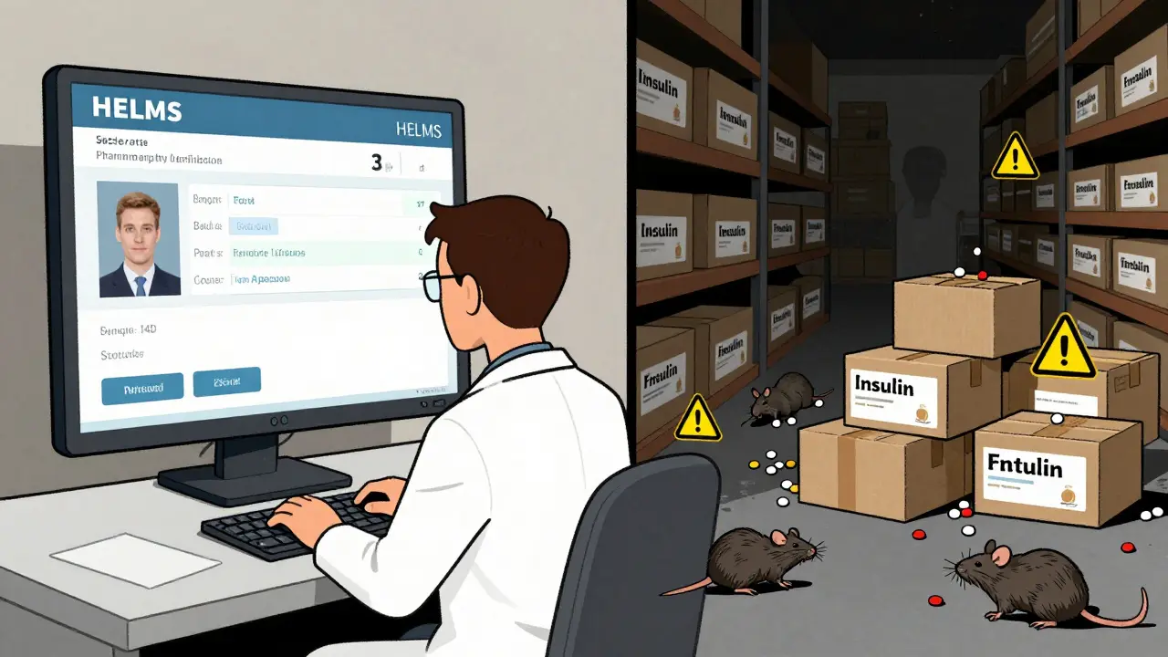 A pharmacist verifying a license on a state portal while a shadowy warehouse ships fake drugs.