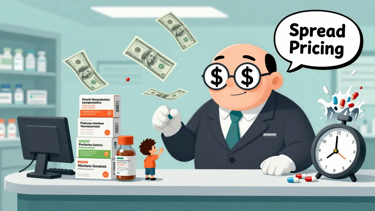 A pharmacy counter where a PBM profits from price gaps while a patient reaches for an affordable generic alternative.