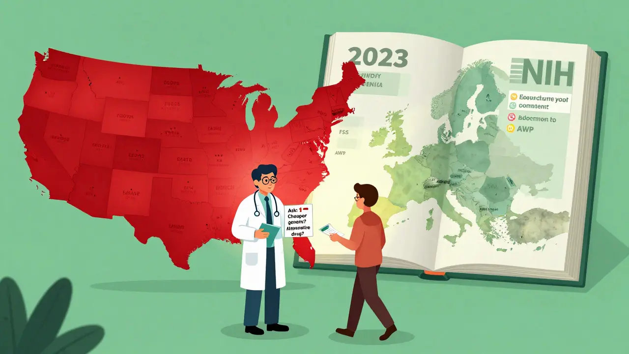 A U.S. and Europe comparison showing high drug costs versus efficient generic access, with patients asking about cheaper alternatives.