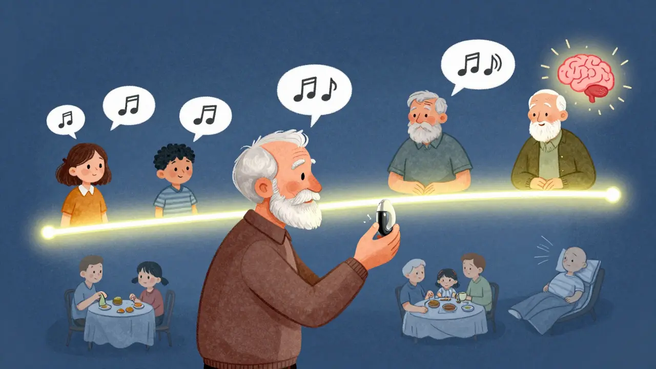 An elderly man receiving cochlear implant activation, with a glowing timeline of his life and relearning sound.