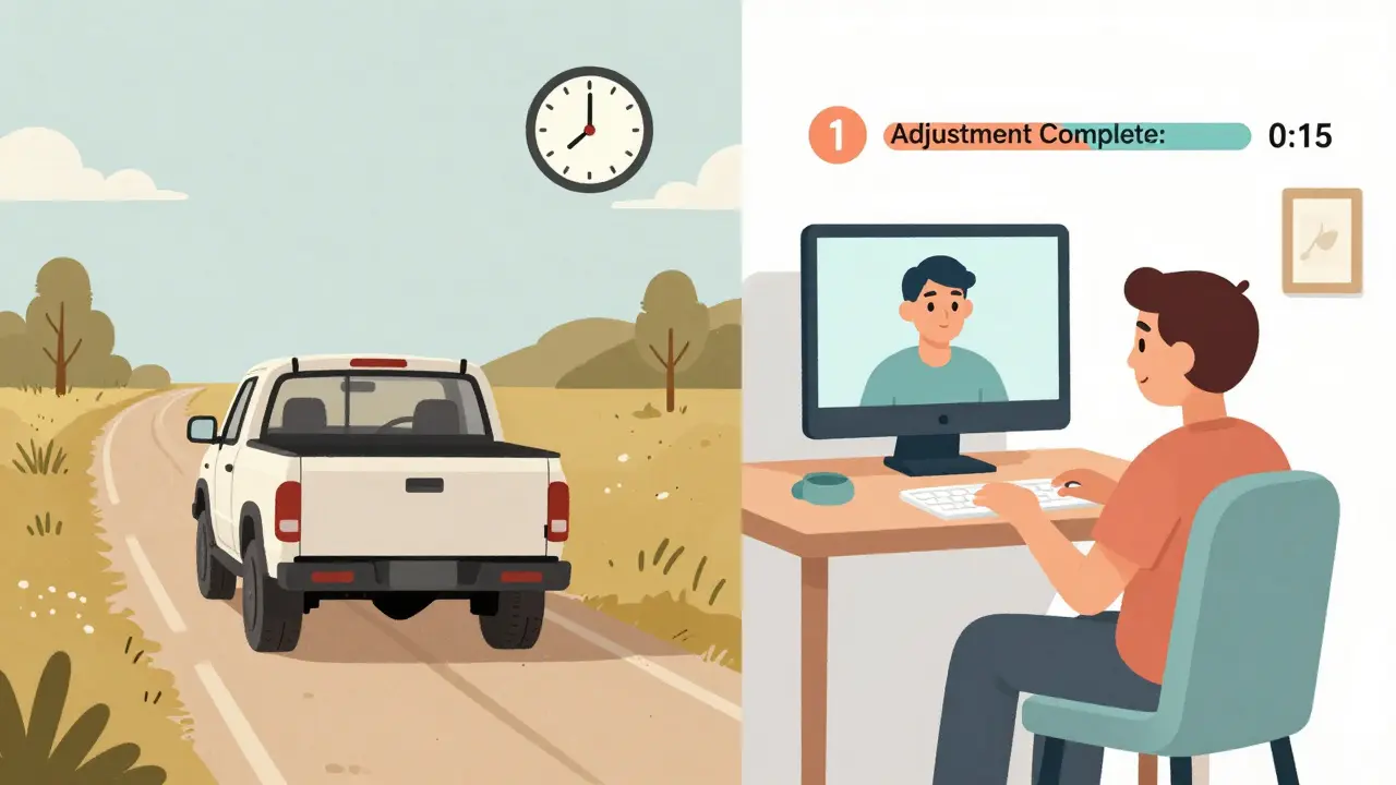 Contrasting scenes: a long drive to a clinic vs. a quick remote hearing aid adjustment at home.