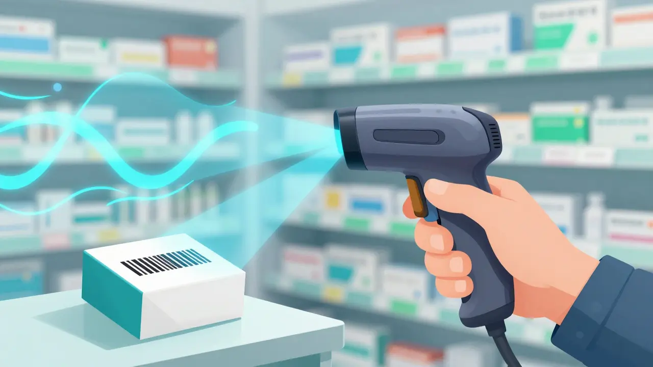 Hand scanning medicine package with digital verification beams active