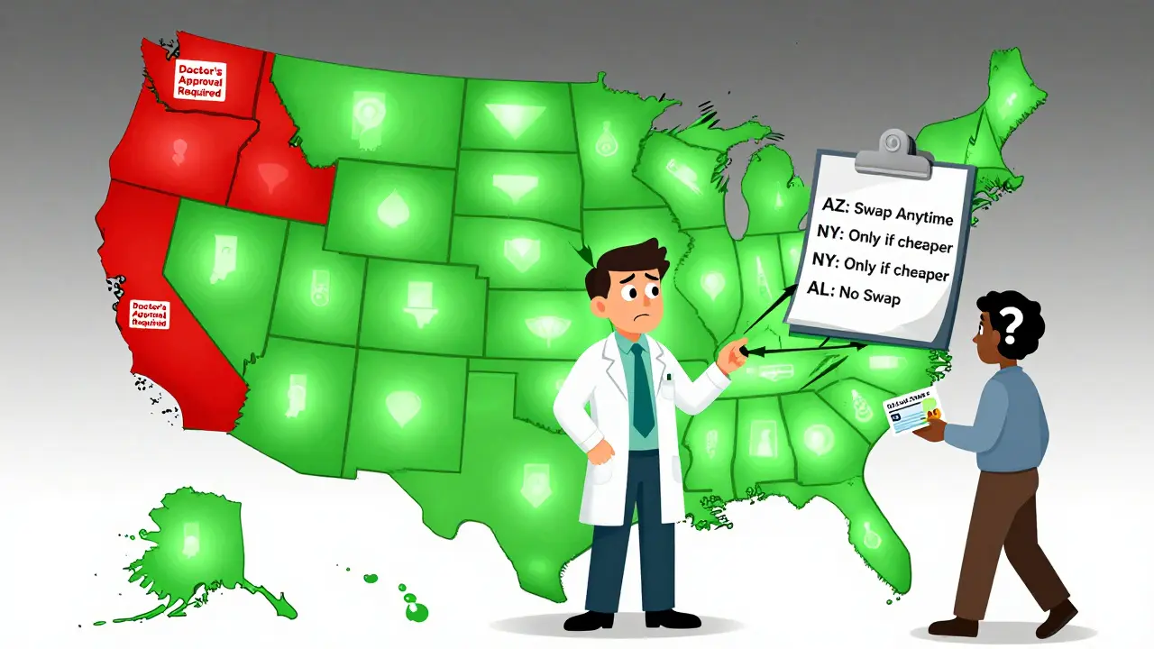 Map of the U.S. showing states with different rules for automatic biosimilar substitution, with a confused pharmacist in the center.