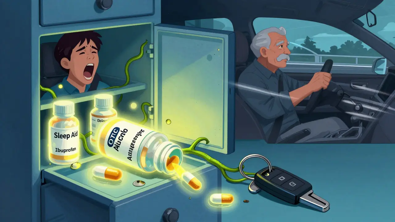 Medications spilling from a cabinet, entangling car keys, with scenes of impaired drivers in the background.