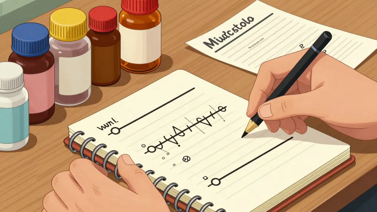 Medicine bottles and notebook arranged on a table